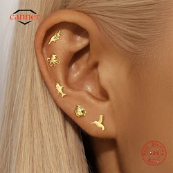 CANNER 1PC Animal Flat Thread Piercing Ear Bone Studs For Women 925 Sterling Silver Ins Smooth Dinosaur Octopus Beetle Earring