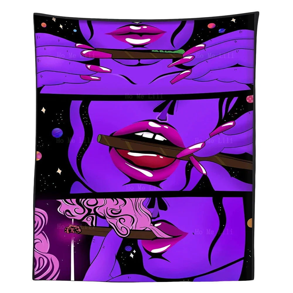 Hippie Cool Girl Psychedelic Smoke Personality Lips Smoking A Cigarette Tapestry By Ho Me Lili For Livingroom Decor