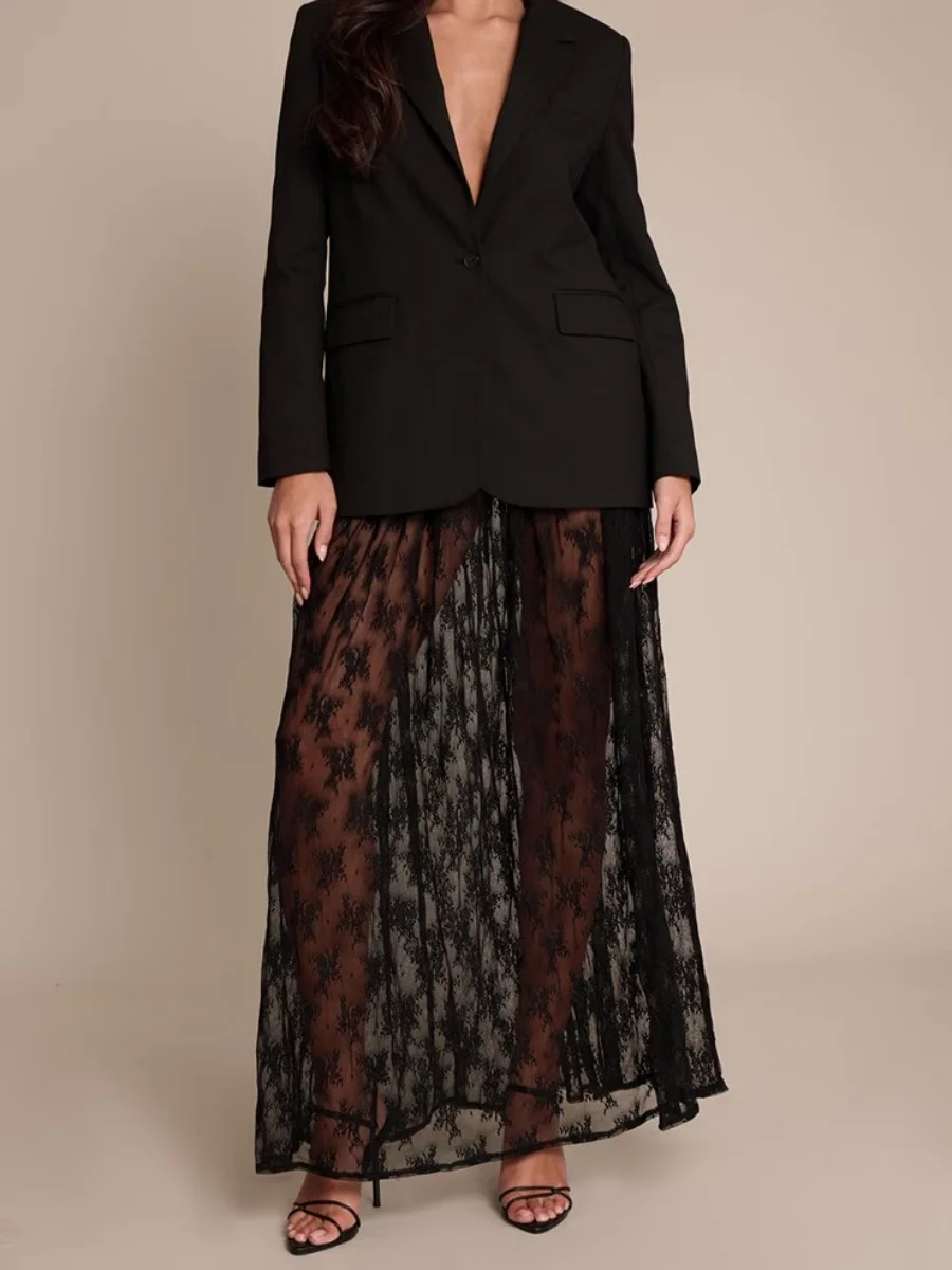 

Womens Sexy Sheer Lace Skirt High Waisted Floral Embroidered See Through Ruffled A Line Long Maxi Long Beach Coverup Skirts