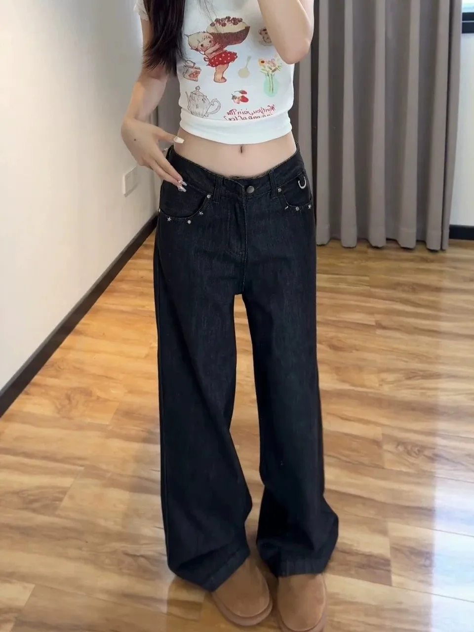 High Waist Straight Leg Denim Jeans Women's New Style Rivet Loose Wide Leg Long Pants Slimming Effect Black Danning Jeans