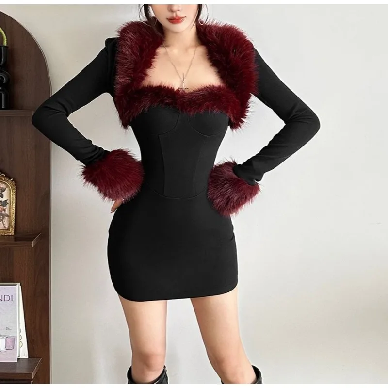 

Quiet Luxury Elegant Celebrity Temperament Fluffy Splicing Tube Top Dress Women, Long-sleeved Cardigan Top Set