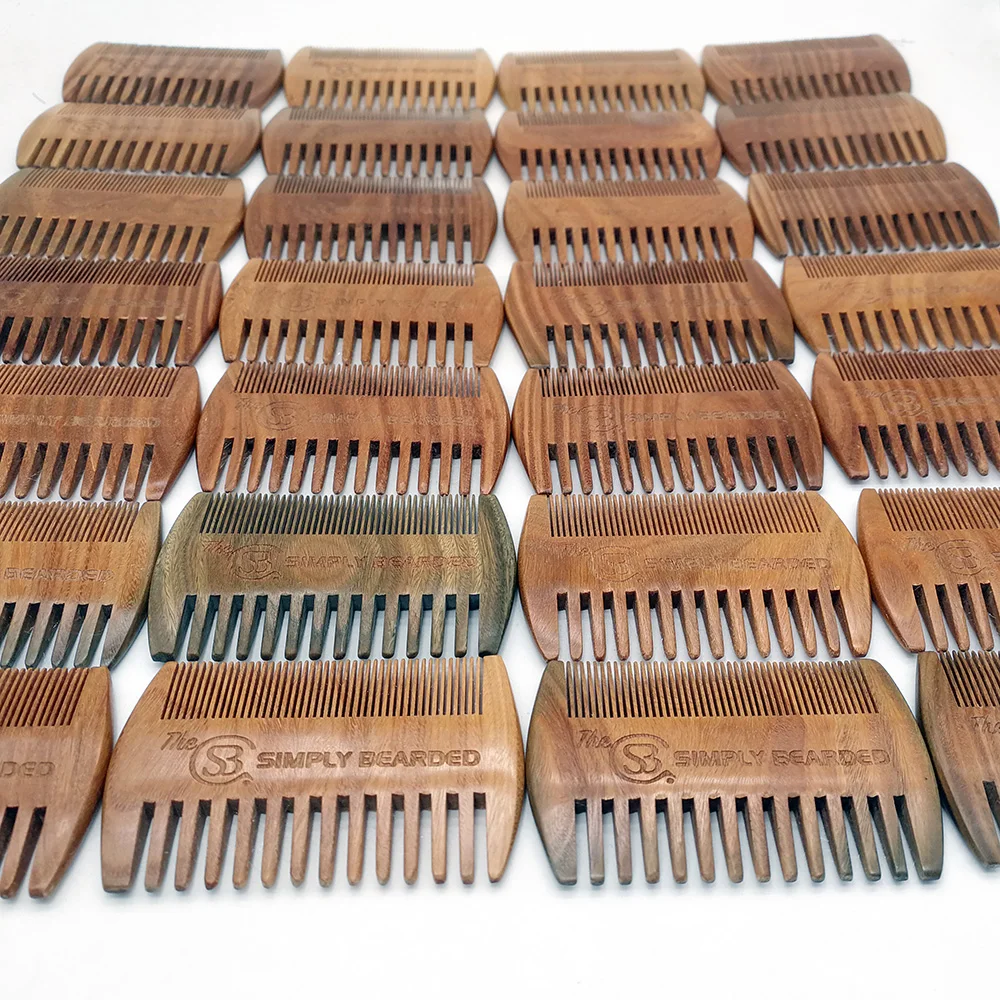 50 Pieces/Pack Custom Logo Green Sandalwood Beard Comb Fine & Wide Teeth Double Sides for Hair Beard Mustache Pocket Size