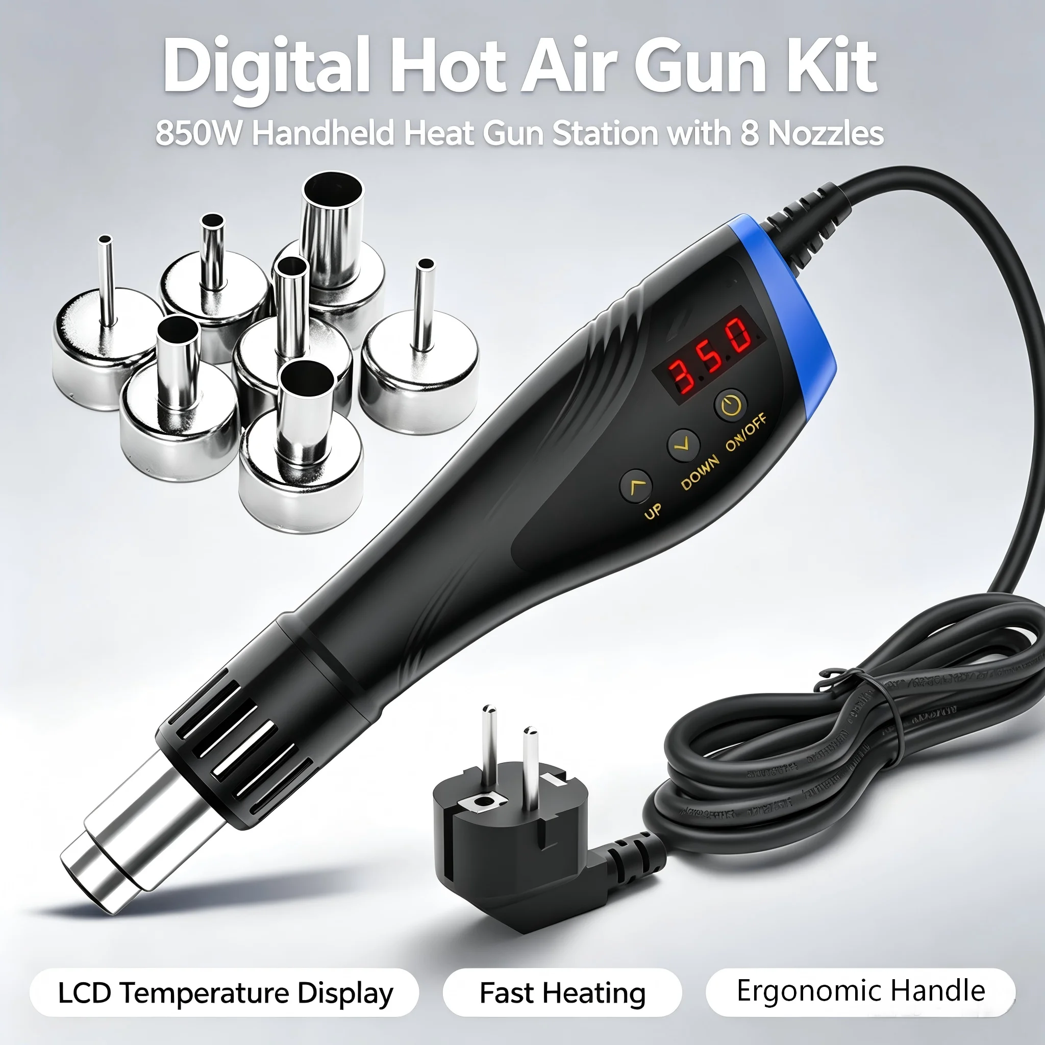 850W Digital Hot Air Gun Kit LCD Temperature Control Heat Gun with 7 Nozzles for Motorcycle Repair, Phone Welding & Heat Shrink