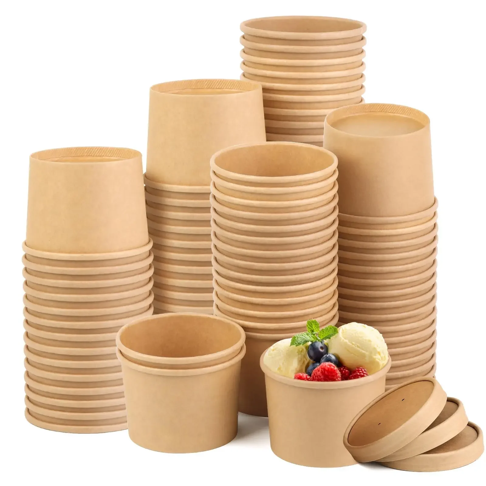 25pcs Kraft Paper Bowls Take-Away Soup Bucket With Lids Disposable Paper Cups For Soup Ice Cream Salad Noodles Food Containers
