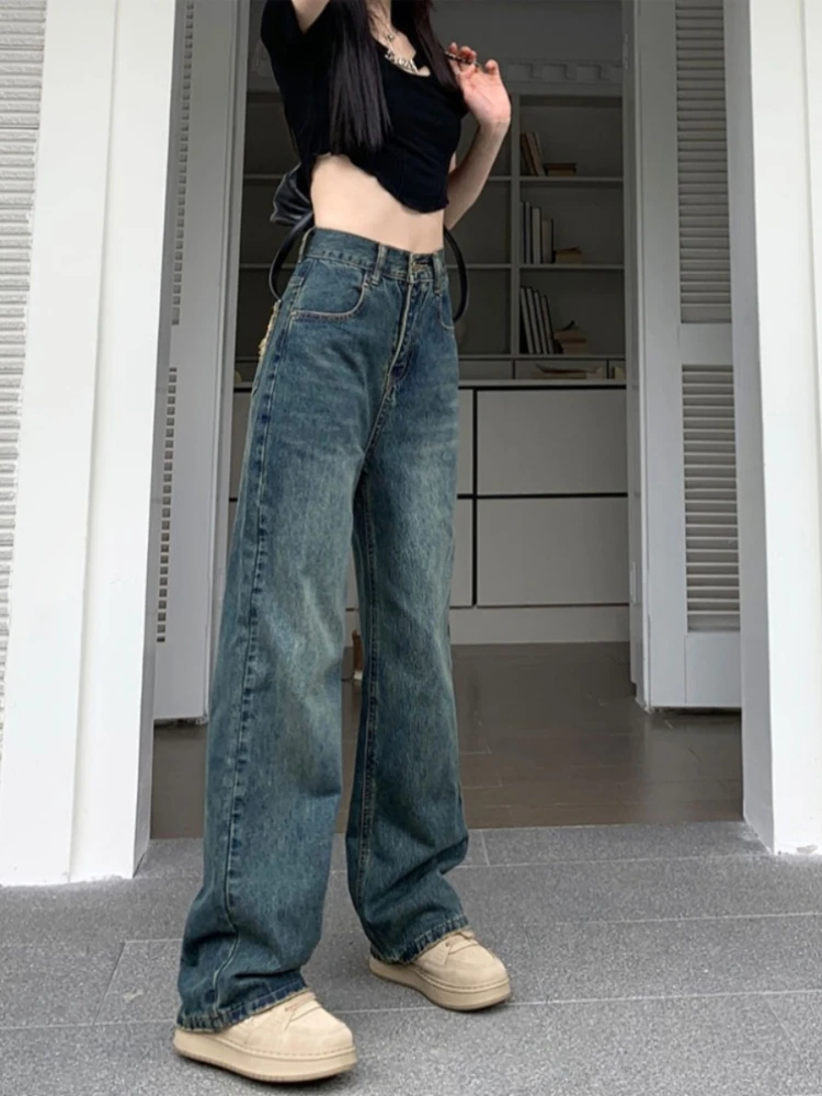 QWEconvex-Jean Vintage à Jambes Larges pour Femme, Pantalon Streetwear Taille Haute, Harajuku, Mode Coréenne, Droit, Décontracté, Fait en Denim,