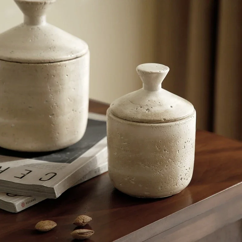 Vintage Cement Storage Jar Imitation Travertine Coffee Table Dustproof Box Snack Nut Canister Retro Home Decor Organizer