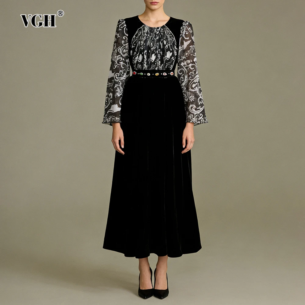 VGH ريترو فاخر المرقعة حزام معدني فستان مخملي للنساء س الرقبة طويلة الأكمام تقسم طباعة بقماش شفاف فساتين متوسطة الطول الإناث #1