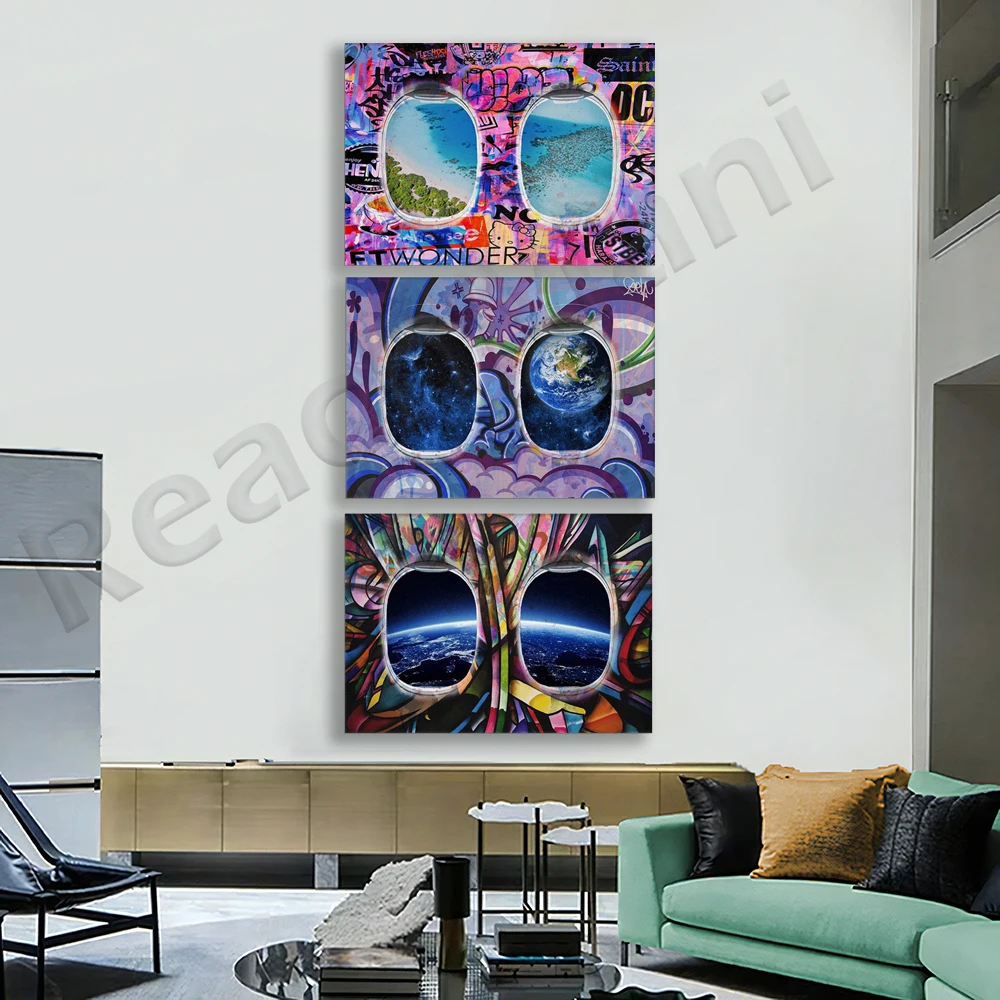 Planet view, outer space, space view airplane window view doodle poster, home decor in canvas wall art design