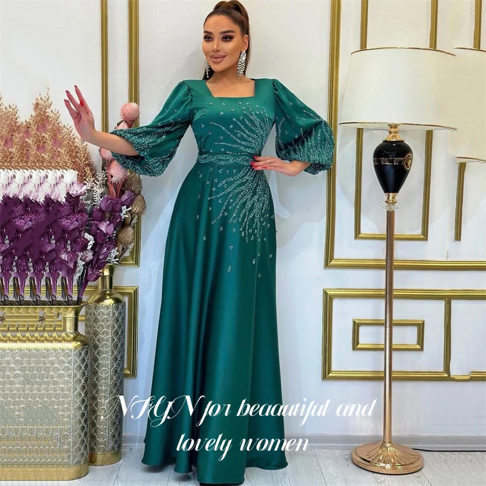 

NFYN Teal 프롬드레스 Square Neck Party Dress with Puffed Sleeves Night Dress Crystal Embellishments Celebrity Dress Customized