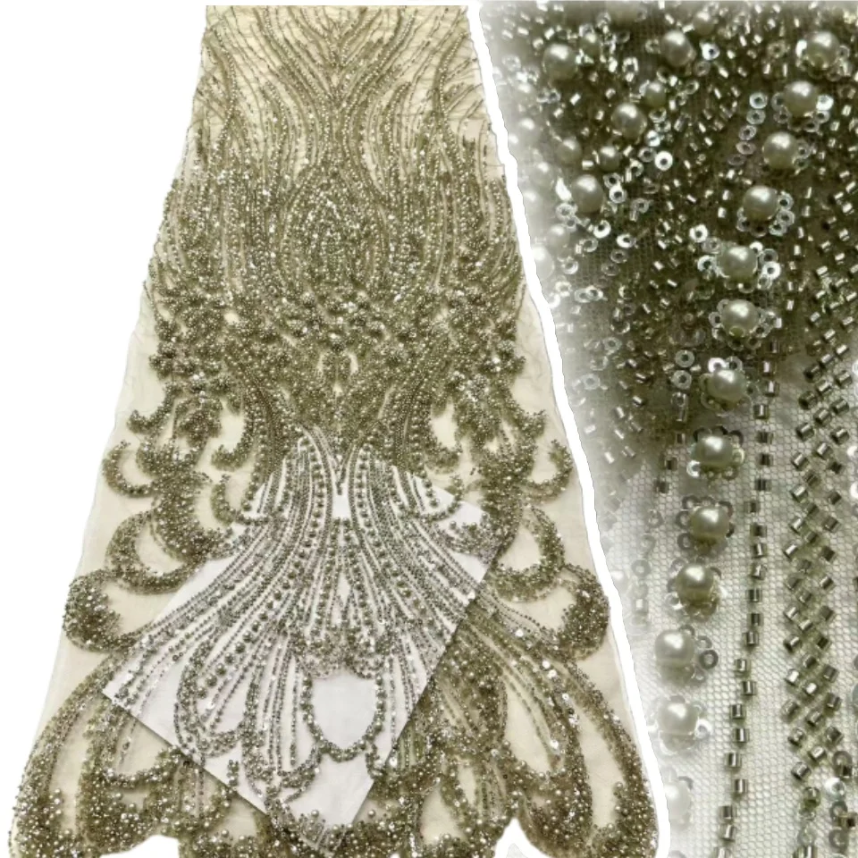 

Hot Beautiful Nigerian Sequins Party Lace African Beads Lace Fabric 2025 High Quality 5 Yards African French Tulle Net CC1328