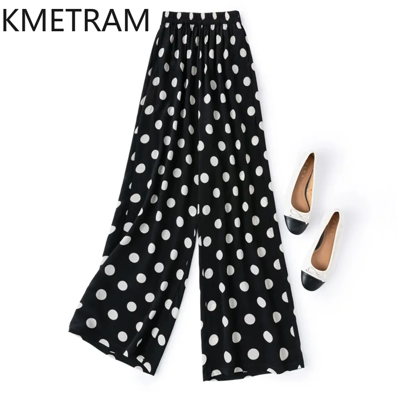 

KMETRAM 100% Real Mulberry Silk Pants for Woman Casual Polka Dots Baggy Pants Summer Straight Trousers Woman Clothing 2026 calça