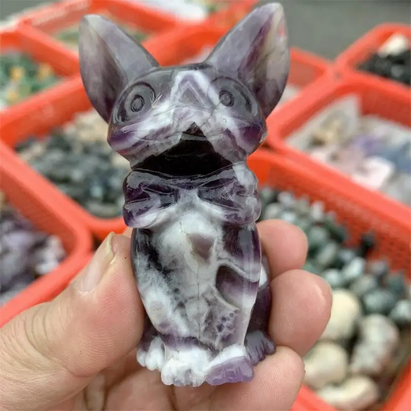 Natural Amethyst Cartoon Cat Carving Handmade Animal Powerful Statue For Home Decoration Lucky Gift 1PCS