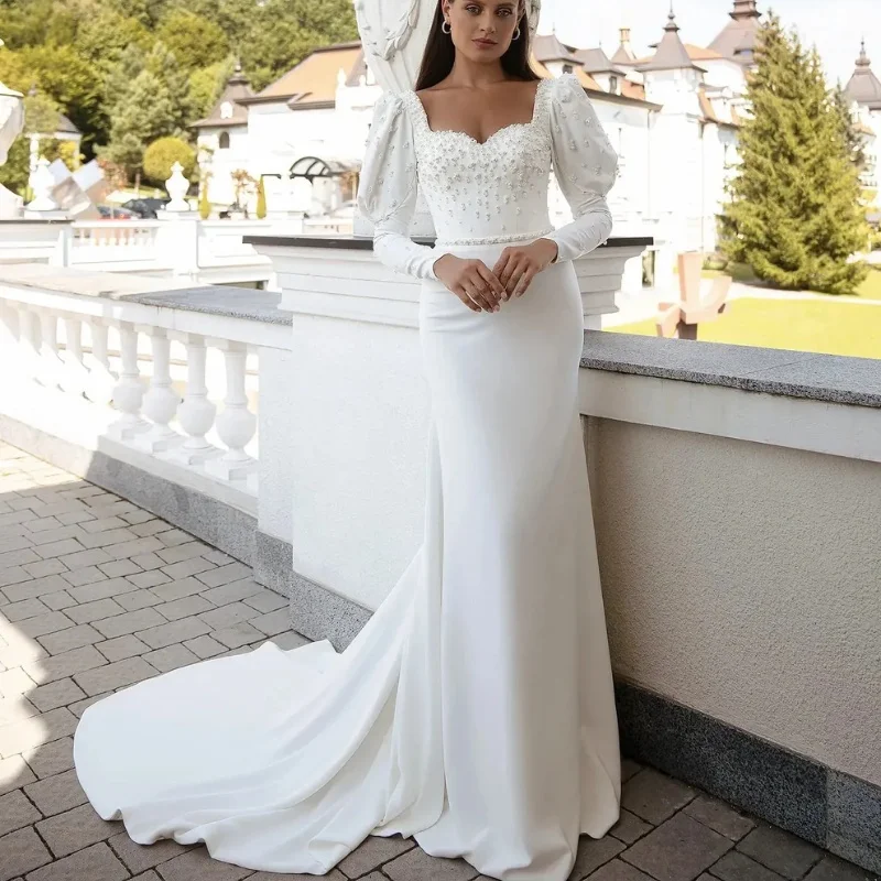

Mermaid Wedding Dresses Sweetheart Long Sleeve Bride Dress with Beading Sweep Train Satin Bridal Gown Customized robe de mariée
