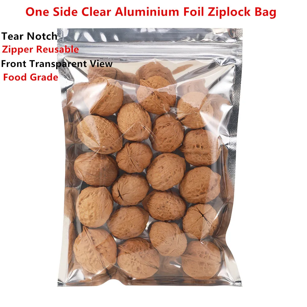 100pcs One Side Transparent Aluminum Foil Zip Lock Bags - Food Grade Zipper Reseal Silvery Mylar-foil Pouch Snacks Gift Package