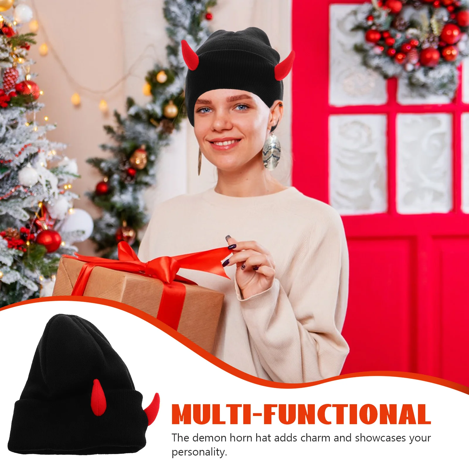 デーモンホーンニット帽子暖かいアクリルハロウィンビーニーユニークな雄牛の角のデザイン女性男性パーティー屋外ストリートファッションウェア