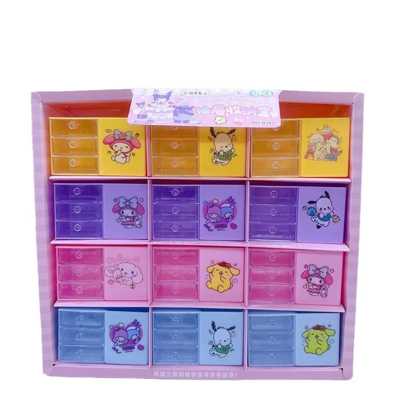 Imagem -05 - Sanrio Três Camadas Caixa de Armazenamento Pen Holder Kuromi Melody Estudante Gaveta Organizador Bonito Pequeno Caixa de Jóias Anime Presente 12 Pcs