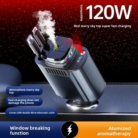 120W Multifunction Car Charger Dual Retractable USB-C Lightning Cables 3 Device Fast Charging Aroma Diffuser Starry Light