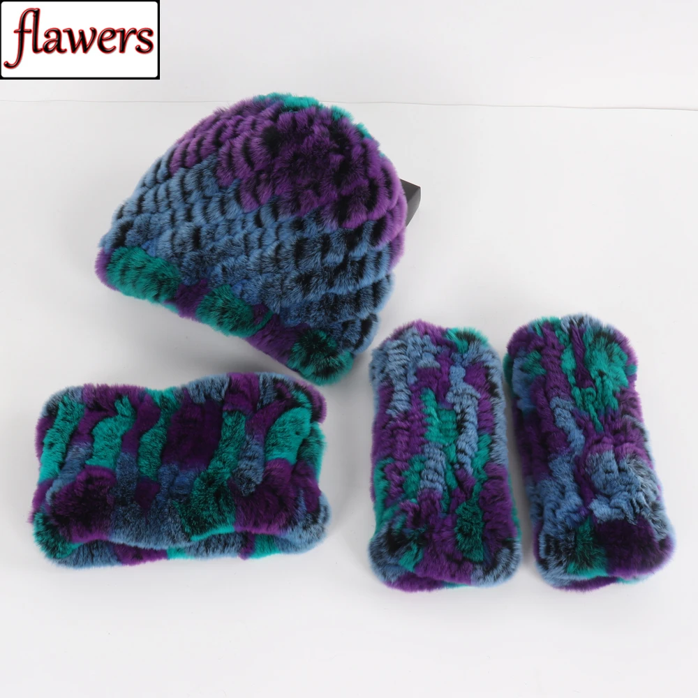 

Hot Sale Women Winter Knitted Real Rex Rabbit Fur Hat Scarf Gloves Sets Natural Warm Rex Rabbit Fur Cap Scarves Mittens 3 Pieces