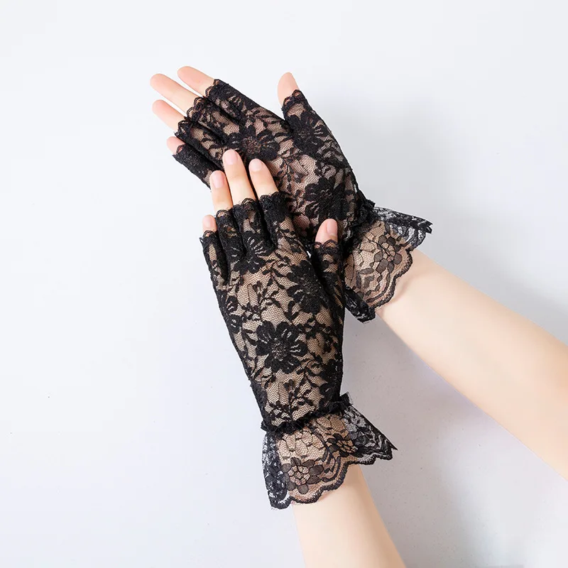 Women Lace Flowers Thin Breathable Elasticity Half Finger Sunscreen Gloves Touch Screen Summer Outdoor Cycling Driving Wedding