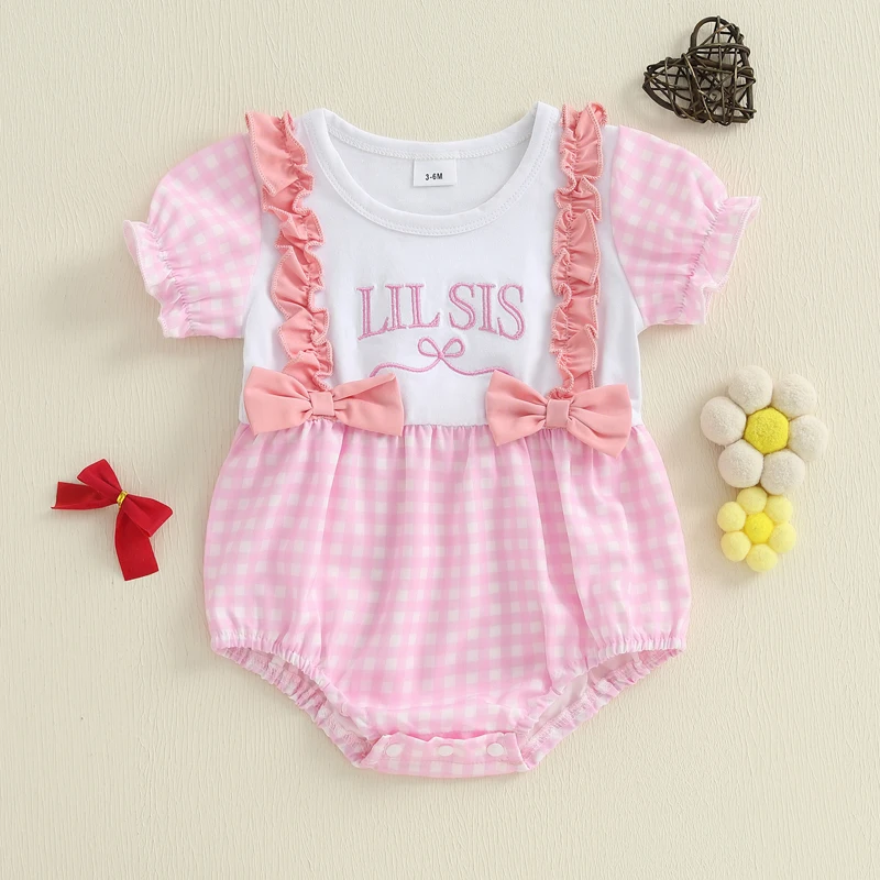 

Baby Girl Short Sleeve Romper Letter Bow Cherry Strawberry Embroidered Frill Trim Bodysuit Cute Summer Clothes