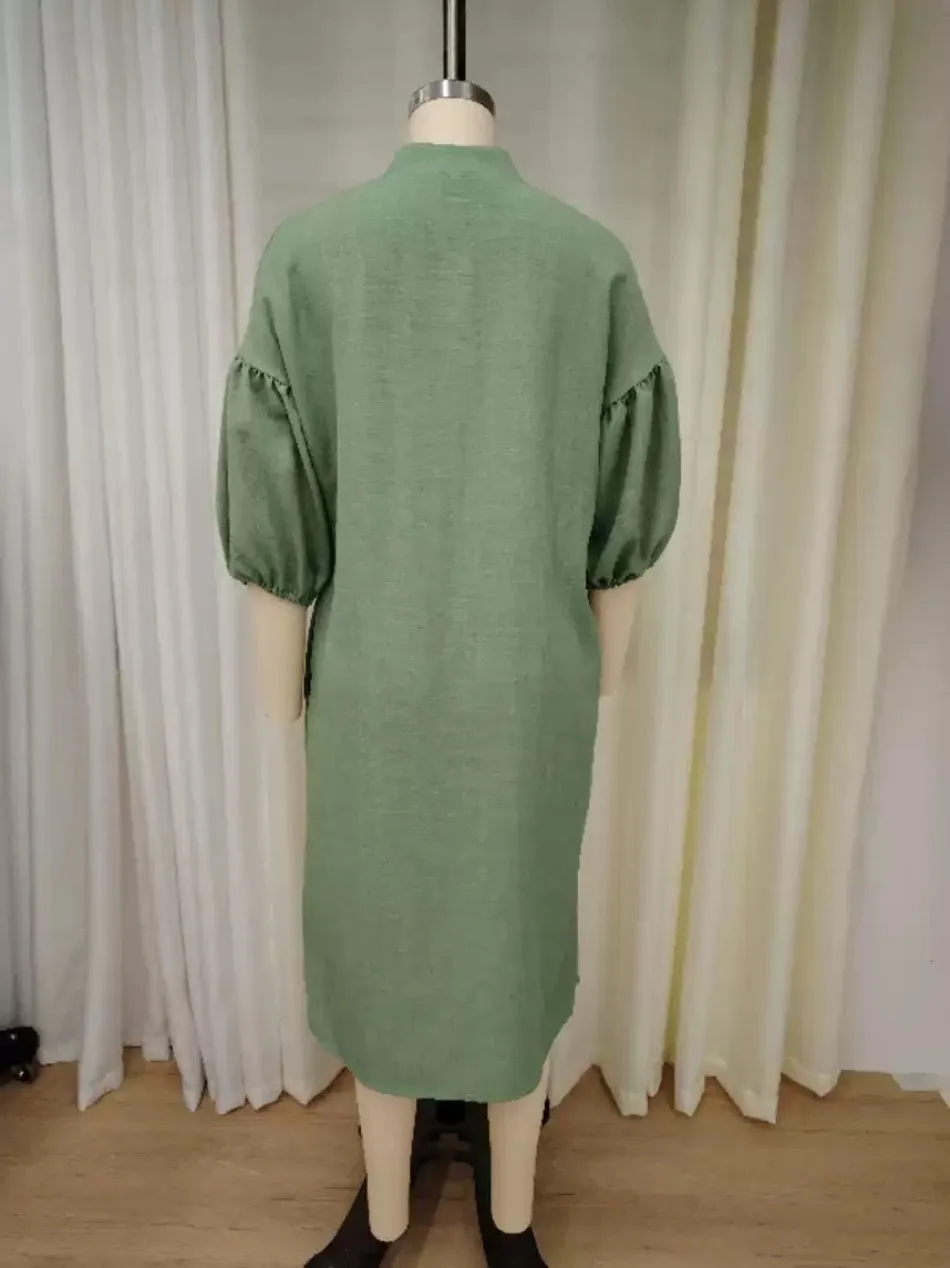Einfarbiges Damenkleid, lockere Passform, Stehkragen, Blasenärmel, Halbreißverschluss-Kleid, modisch, lässig, lange Kleider mit Taschen, neu – Detail 9