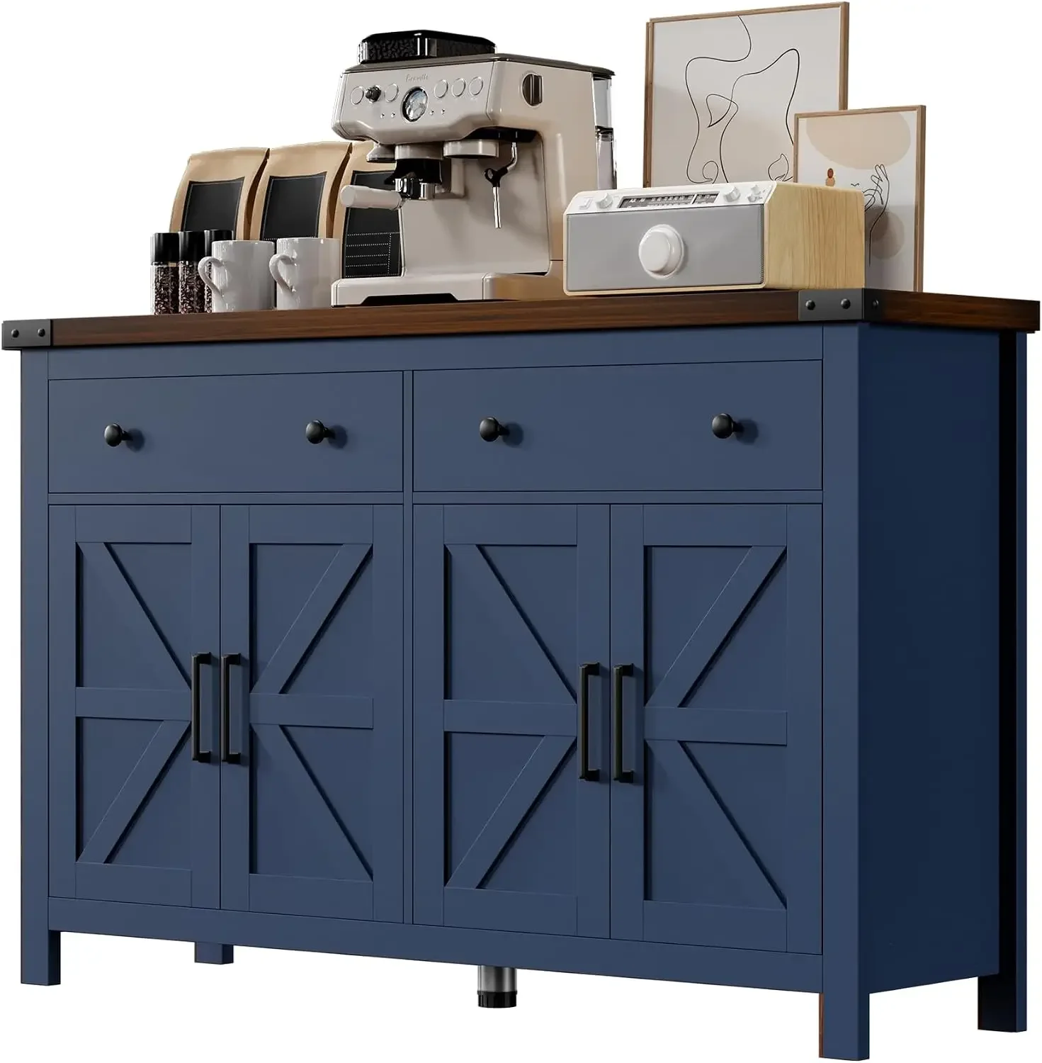 USA Stock Hutch Storage Buffet Cabinet With Drawers, Charging Station, Coffee Bar Cabinet With Barn Doors, Wine Rack And Hooks,