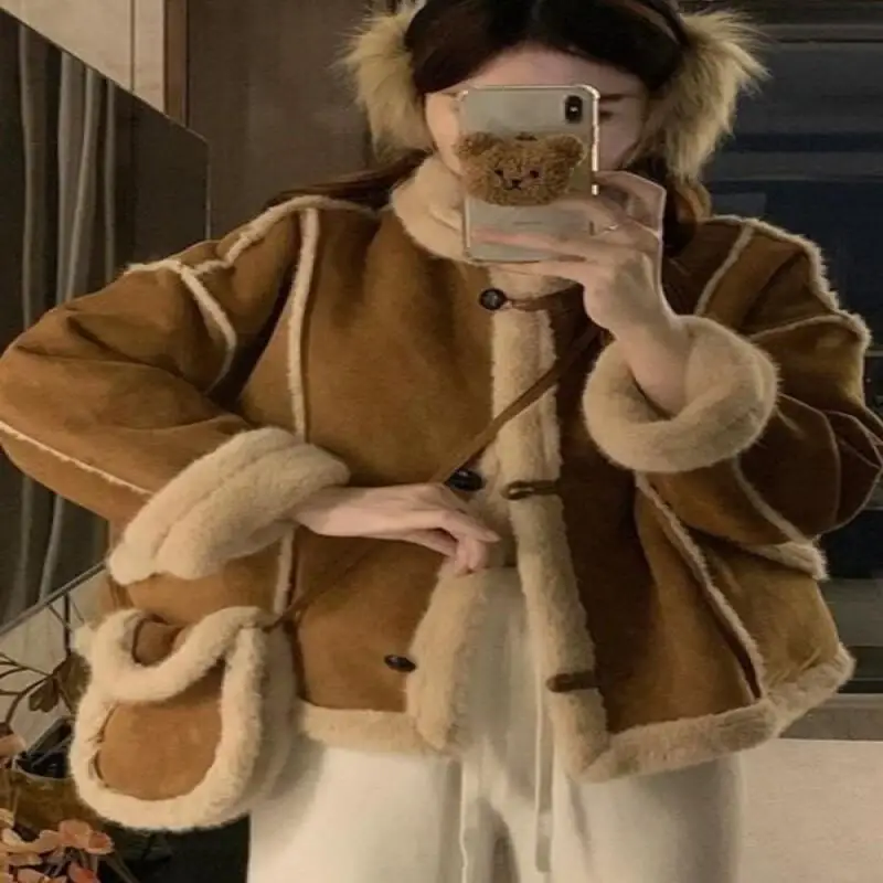 Women's Padded Jacket Outdoor Daily Wear Lamb Wool Short Coat Women Winter 2025 New Fleece Lined Thickened Warm Cotton Jacket