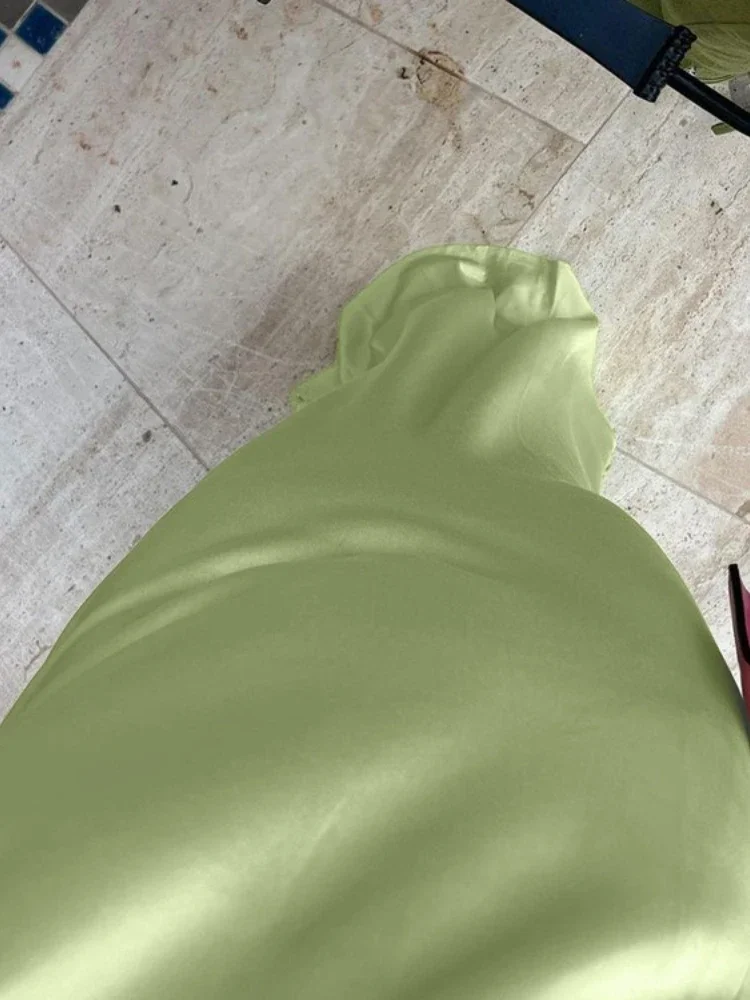 Vrouw kleding spaghetti strap backless lange jurk high street sexy mouwloze diagonale kraag effen groene avondfeestjurken