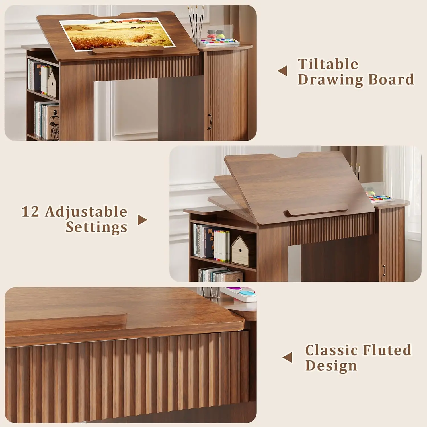Drafting Table with Storage Cabinet & Drawers, Adjustable Drawing Table with Open Shelves, Crafting Table Art Desk, Customized view 6