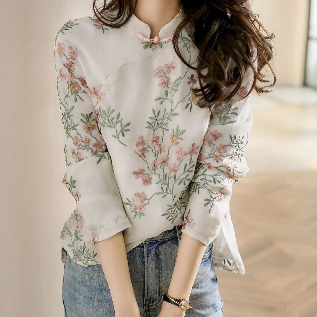 Revised Style Long Sleeve Cotton Linen Shirt Chinese Print Stand Collar Autumn Wear Large Size Improved Design