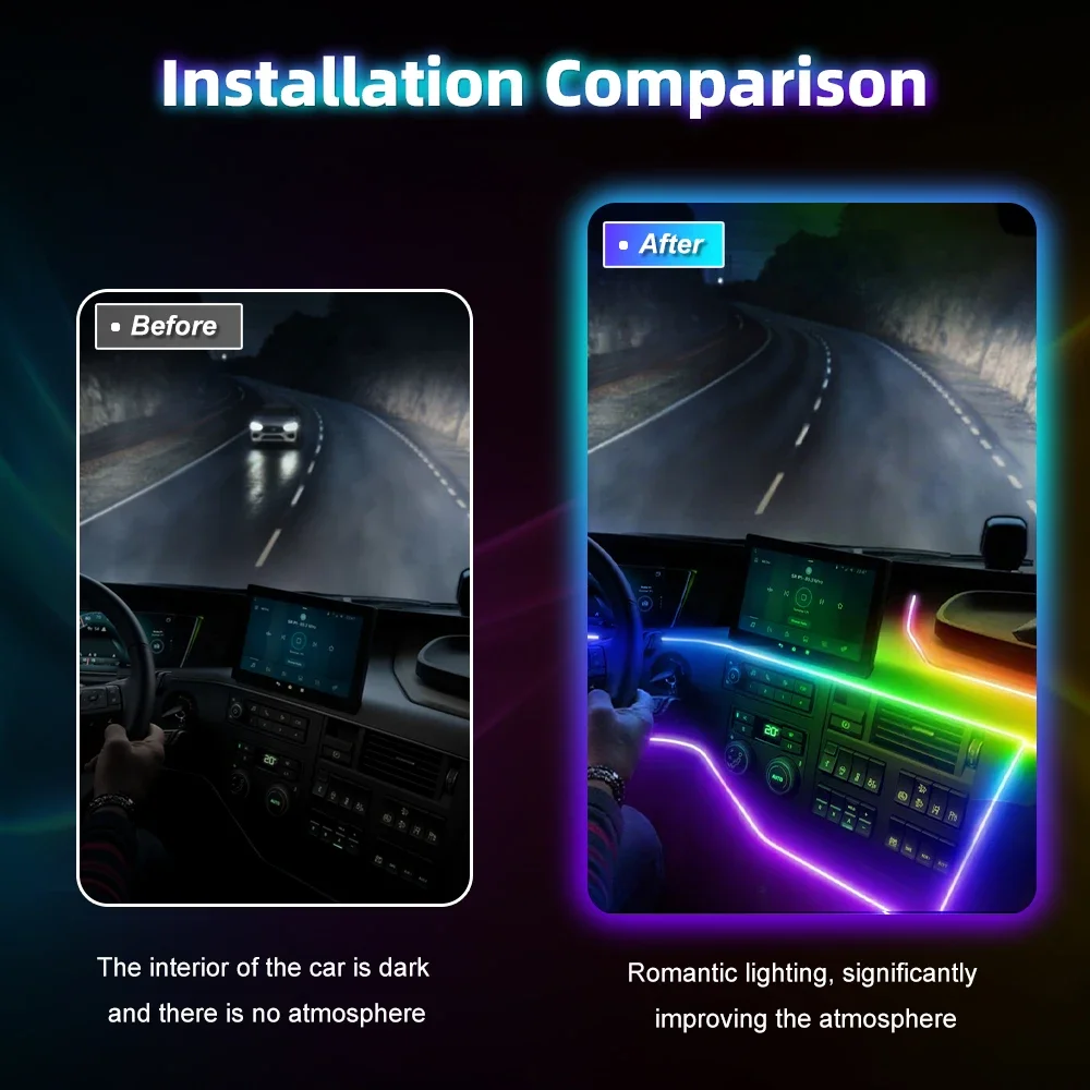 Kit d'éclairage d'ambiance intérieure de voiture 18 en 1, bande lumineuse LED RGB, Guide optique en acrylique, contrôle par application, 64 couleurs, 12V, ajustement universel