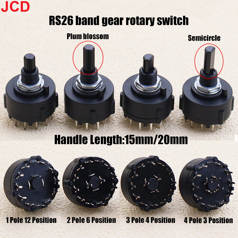 JCD 1pcs RS26 Band Gear Rotary Switch 1 2 3 4 Pole Position 12/6/4/3 Selectable PCB Plug-in Board Adjustable Switch