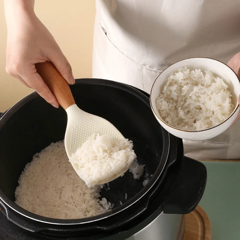 مجداف ملعقة أرز من السيليكون مع مقبض خشبي ملعقة أرز غير لاصقة مقاومة للحرارة ومضادة للحرق وملعقة طبخ الأرز المعلقة #3