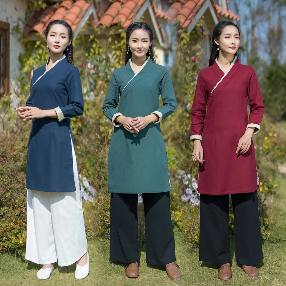 

2023 Chinese Clothes for Women Linen Hanfu Tops Zen Tea Tang Blouse Shirt Ladies Oriental Modern Cheongsam Jackets Robes Dress