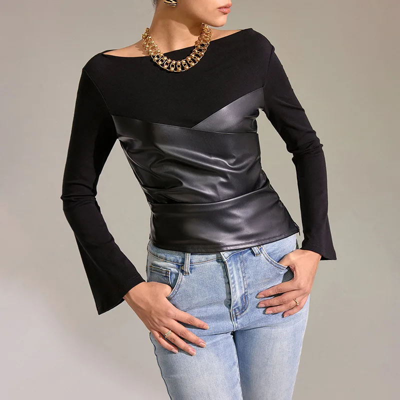 New Fashion Round Neck Pleated Leather Women's Horn Long-sleeved T-shirt Elegant Street Style Waist Casual Women's Top Blouse