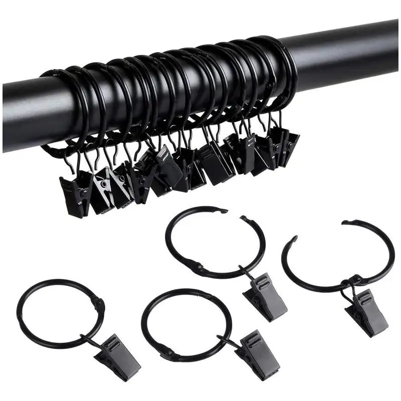 12 Stück Vorhangringe mit Clips, Metall-Vorhanghaken, schwarze Vorhangclips mit Ringen, Vorhangzubehör – Detail 1