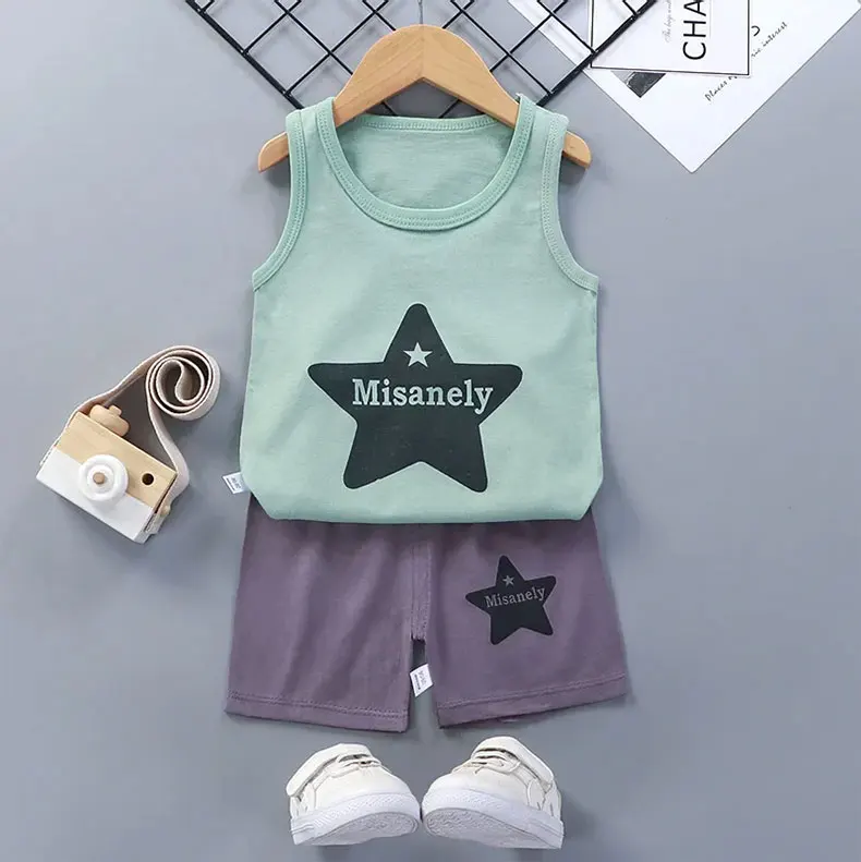 Kinder-Sets Kinderkleidung Jungen Mädchen Westenanzug Sommer Kinderbekleidung Baby Baumwoll-T-Shirts Shorts Tanktop Ärmellos – Detail 11