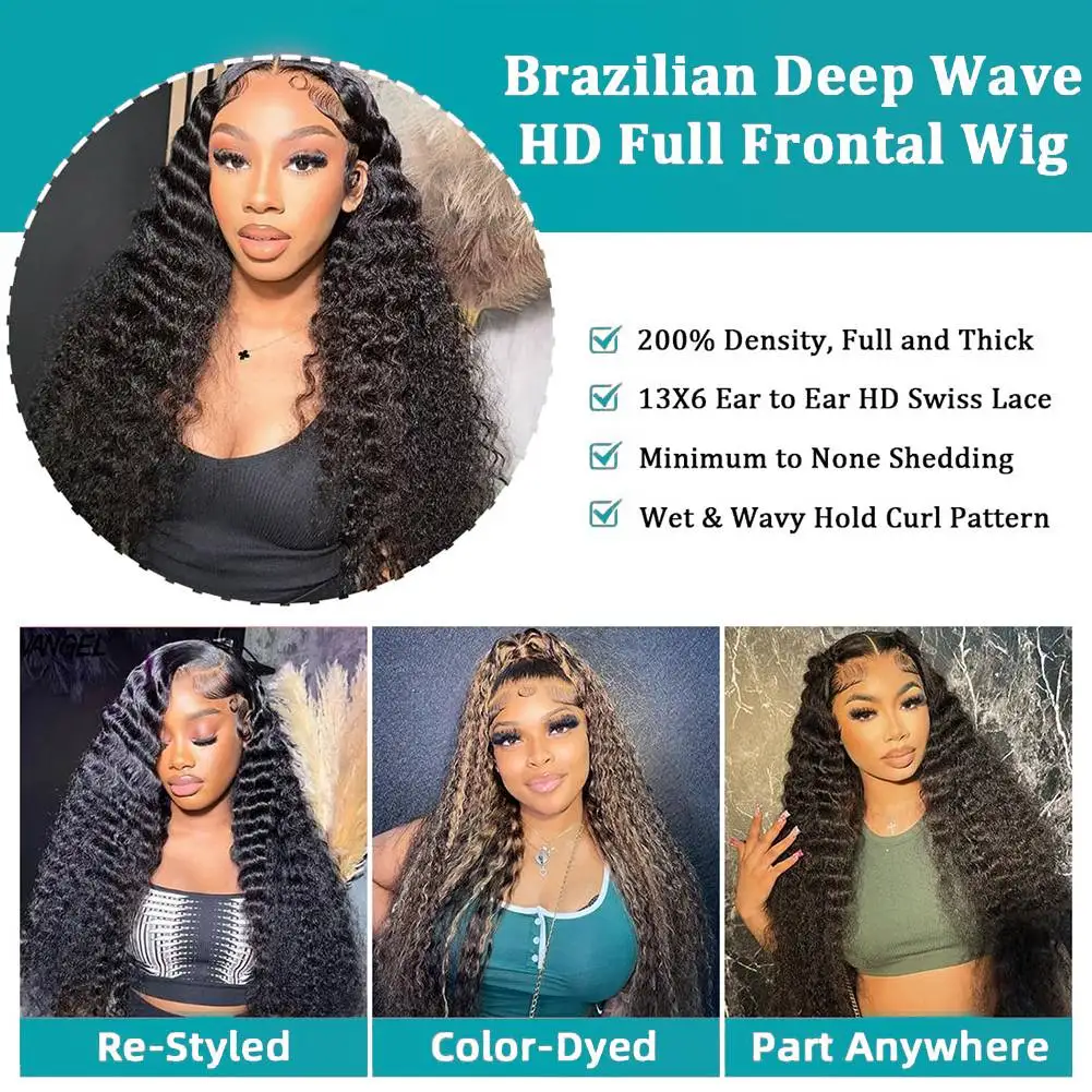 40 46 Inch Deep Wave 13x6 13x4 HD Lace Front Human Hair Wig 220 Density Water Curly Lace Frontal Wigs Human Hair For Black Women view 3