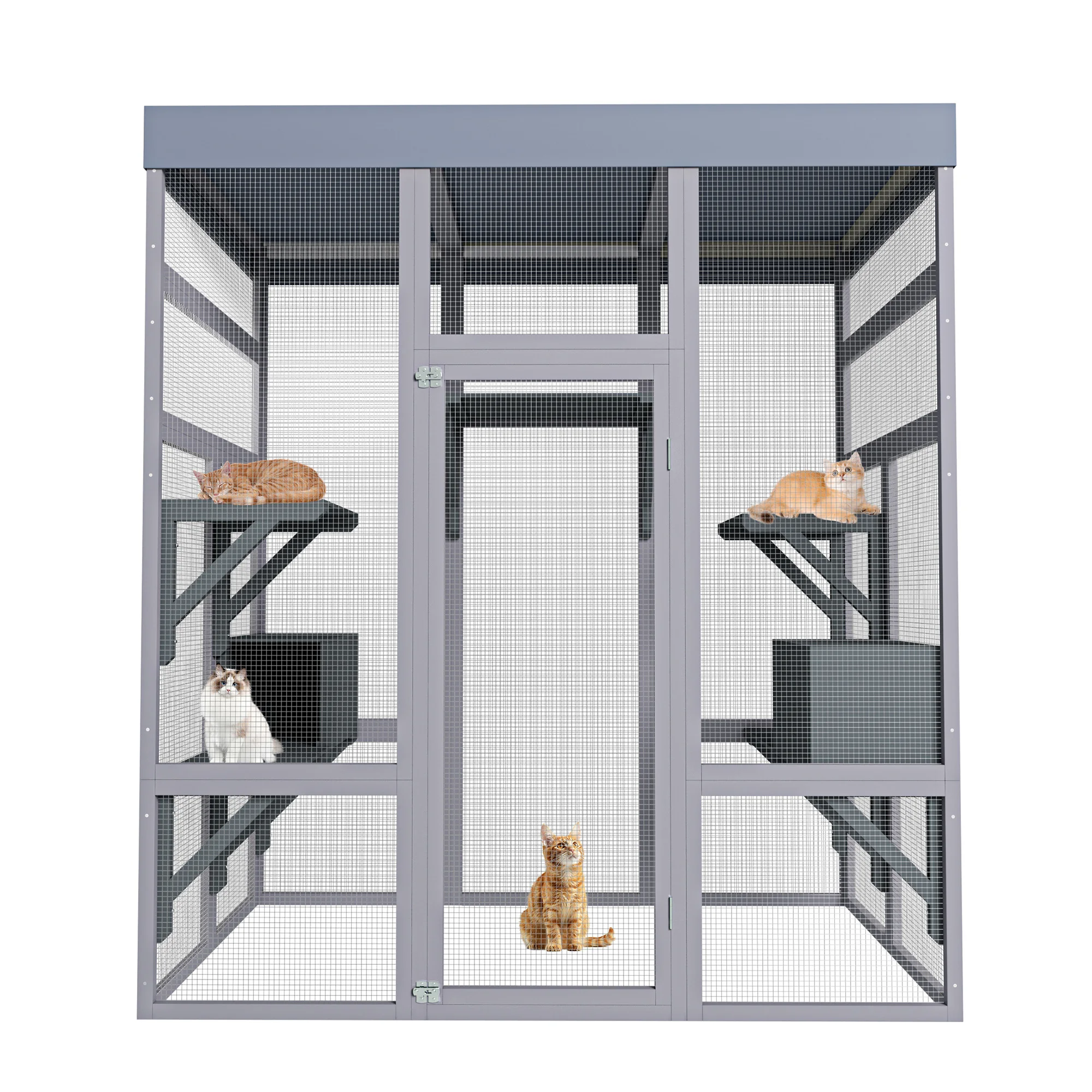 62.6" Wooden Catio for Cats, Large Cat Enclosure with Waterproof cover, 2 Napping House, Platforms & Galvanized Metal Wire – Secure Pet Cage Shelter view 4