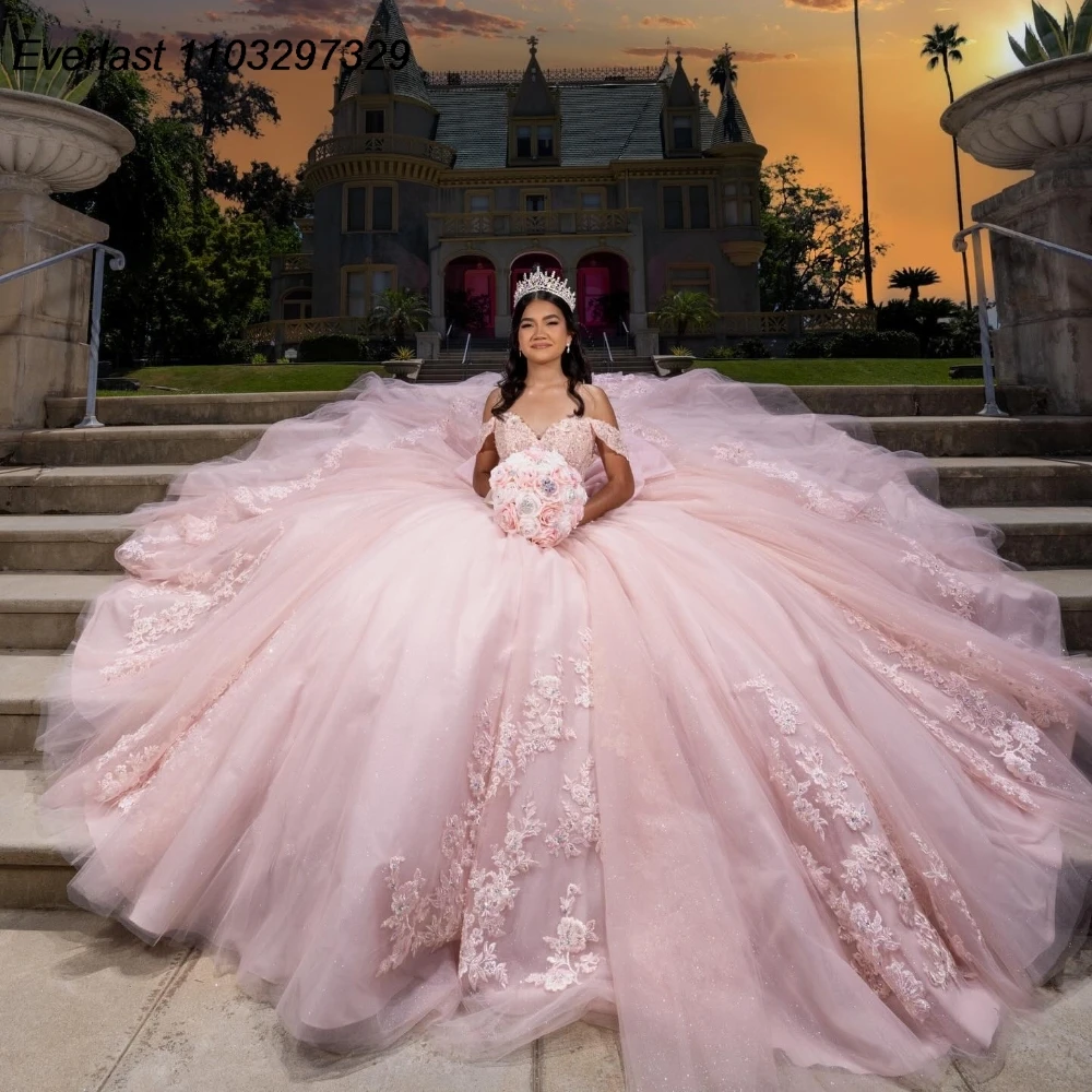 

Блестящее розовое платье EVLAST для Quinceanera, бальное платье, блестящее кружевное платье с аппликацией и бантом из бисера, Мексиканский корсет, милое платье 16, 15 лет, QD1136