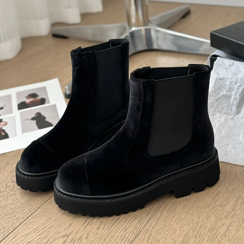 2024 Autumn Winter New Thick Sole Elastic Band Short Boots Women Cow Leather Round Toe Classic All Match Chelsea Boots Handmade