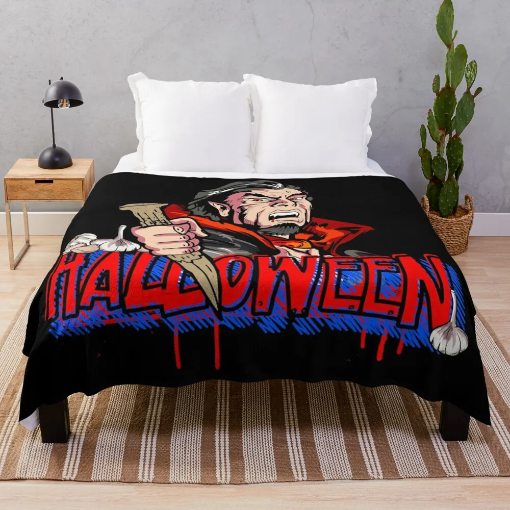 Dracula Vampire Halloween holding Wooden stake Throw Blanket Flannels Plaid Hair Extra Large Throw Blankets