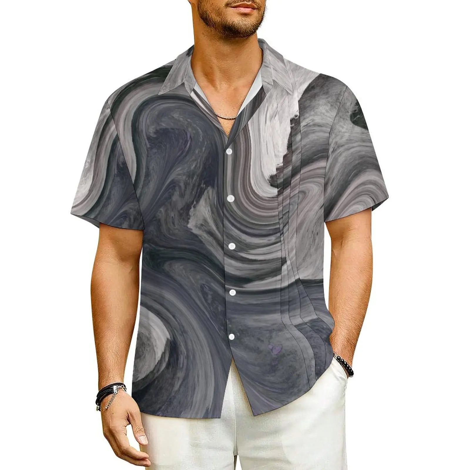 Gray Brush Beach Shirt Men Abstract Fluid Paint Vintage Casual Shirts Hawaii Short Sleeves Street Style Design Oversize Blouses