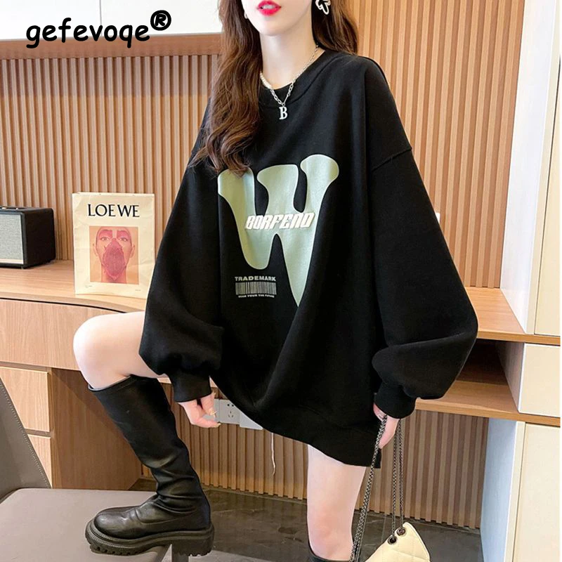 Women Korean Style Letter Print Fleece Oversize Streetwear Y2K Sweatshirts Autumn Winter Simple Casual Long Sleeve Pullover Tops