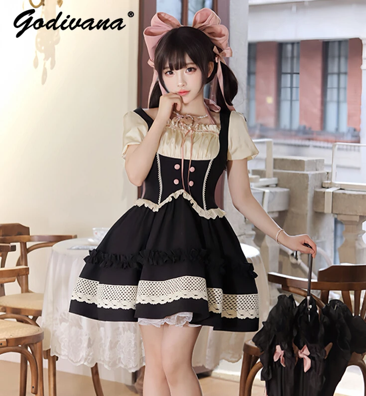 

Original Design Black Pink Fake Two Pieces Short Sleeve Op Dress Women's 2024 New Summer Lolita Short A-line Dresses