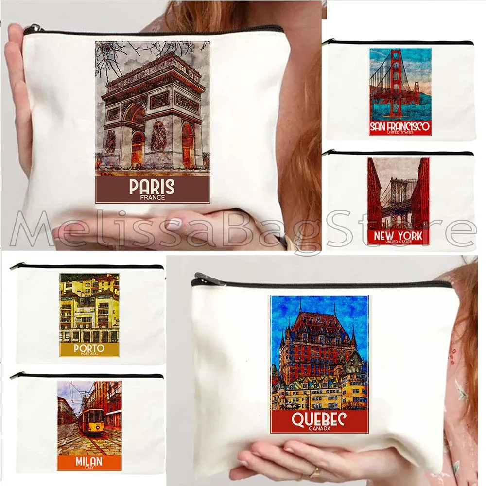 

Las Vegas Milan Munich New York Ink Watercolor Painting Orlando Ottawa Paris Phuket Porto Storage Cosmetic Bag Makeup Case Pouch
