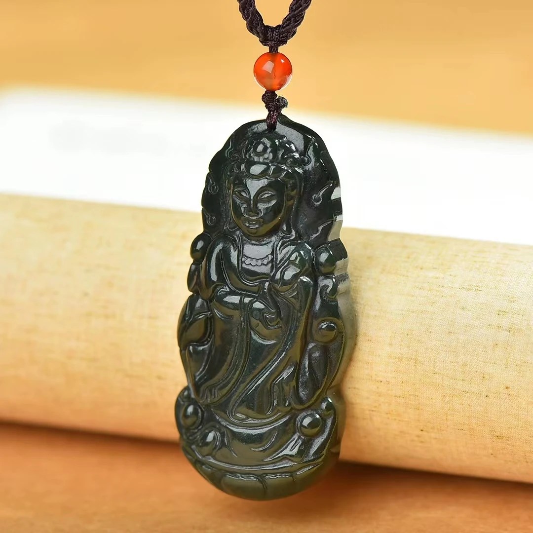 Natural Hotan Green Jade Guanyin Bodhisattva Pendant Retro Jewelry P0061