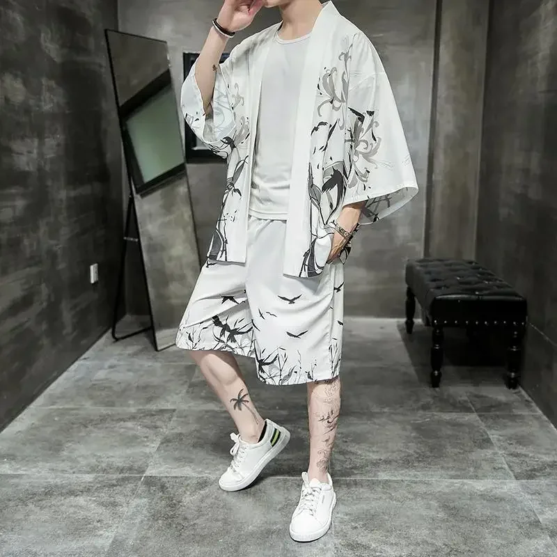 4XL 5XL Mens Plus Size Japanese Streetwear Tracksuit Men Summer Two Piece Set Kimono Shirt + Shorts Male Clothes Men 2 Piece Set