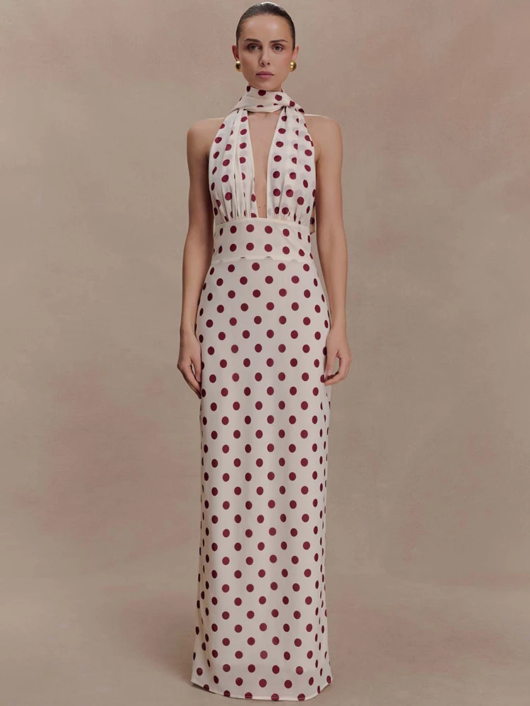 Mozision Polka Dot Rückenfreies Sexy Maxikleid für Damen – Elegantes Neckholder-Kleid mit tiefem V-Ausschnitt, ärmellos, figurbetont, geschlitzt, für Club und Party