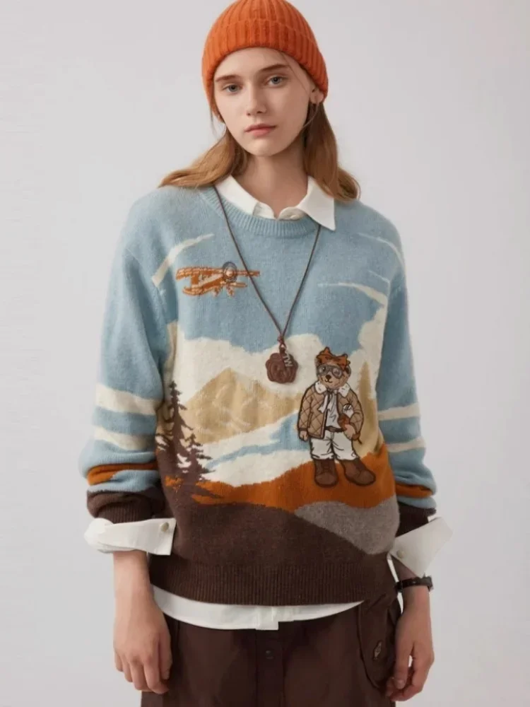 High Quality Embroidery Sweater American Preppy Sweet Cartoon Jacquard Sweaters Women Winter Thicken Jumper Tops Loose Pullover